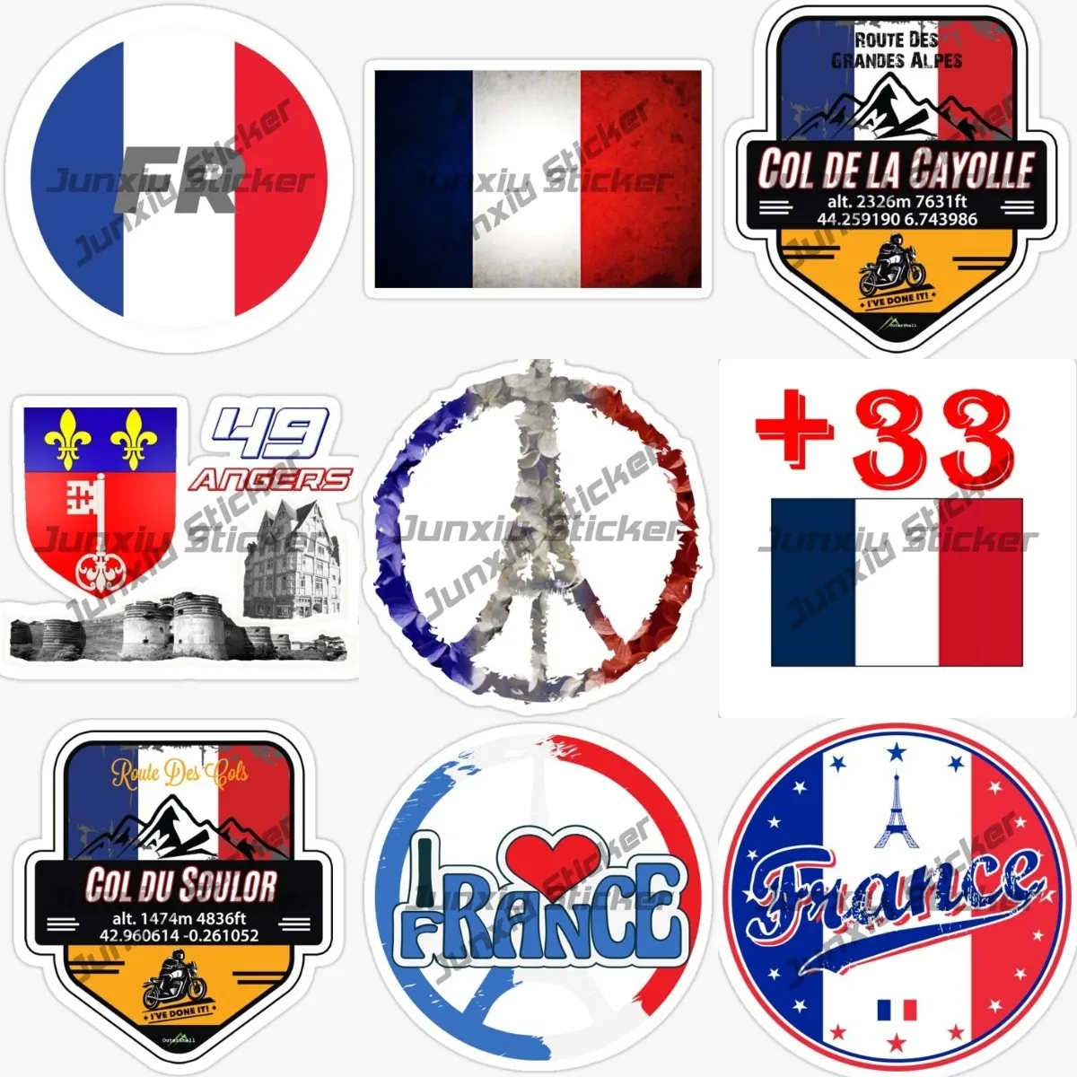 Наклейка с изображением французского города Анже, наклейка с изображением Эйфелевой башни, французского круглого флага с изображением страны