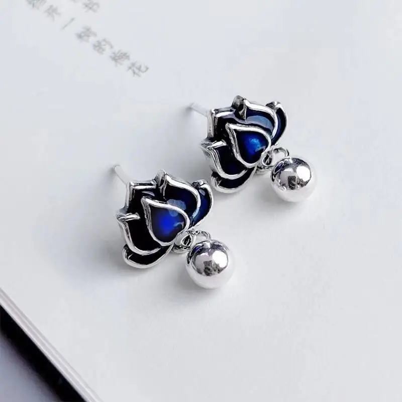 Серьги-гвоздики из серебра 925 пробы с синим цветком лотоса для женщин свежие