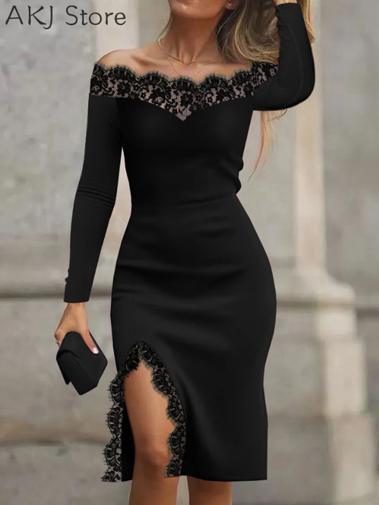 

Women Off the Shoulder Contrast Lace Off Shoulder Slit Party Dress