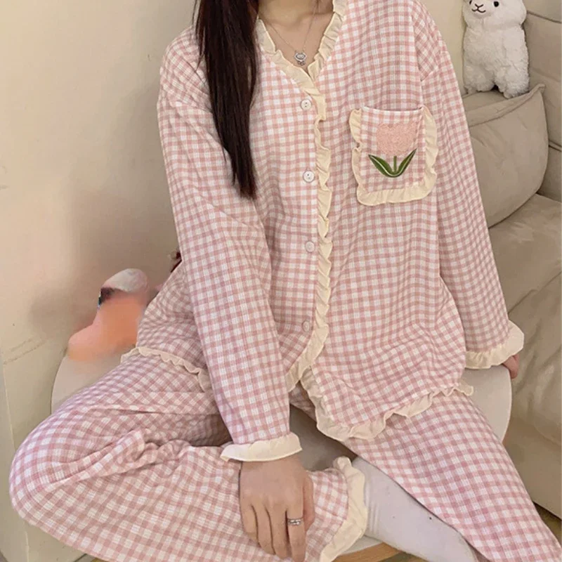 

Waffle Pajamas for Women's Home Suit Spring Autumn Sweet Sleepwear Korean Fashion Plaid Long Sleeve Two-Piece Ladies Pijama Set