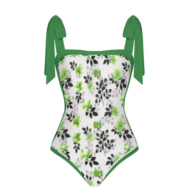 2023 Retro Two Piece Swimsuit Skirt Shoulder Strappy Swimsuit Print Floral Swimwear Women Slimming Bathing Suit Beach Wear Green