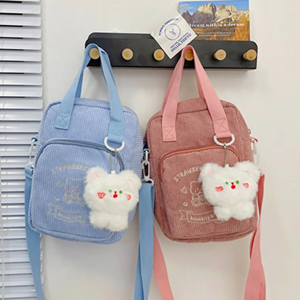 

Cute Cartoon Crossbody Bag Teenage Girls School Bags Corduroy Backpack Women Shoulder Bag Transparent Pocket Bag Tote Mochila