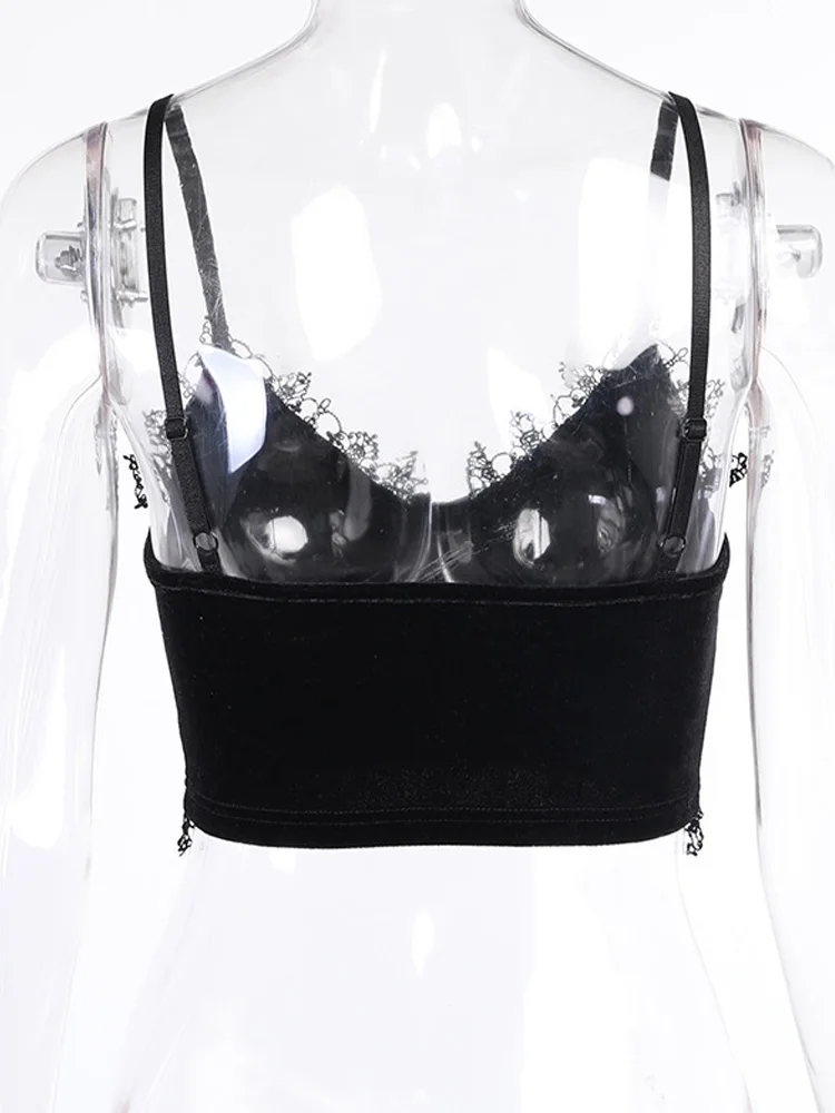 Женский укороченный топ с открытой спиной Velvet Mall Goth черный кружевной отделкой