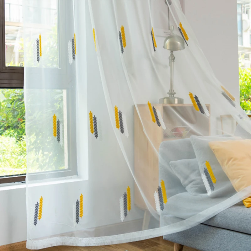 

Modern Nordic Yellow Gray Wheat Embroidery Tulle Curtain For Living Room Bedroom Kid's Room White Sheer Voile For Kitchen Drapes