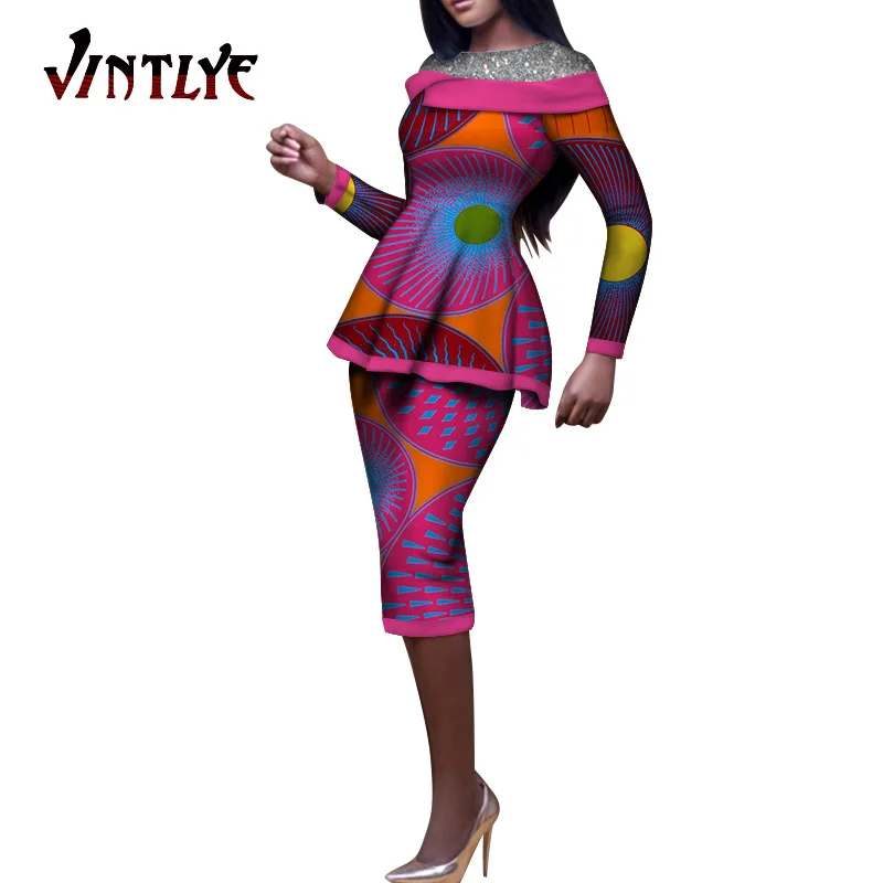 African Dashiki Women Suit 2 Piece Set Draped Tops and Skirt Sets Office Party Outfit Casual African Lady Slim Clothing WY7419
