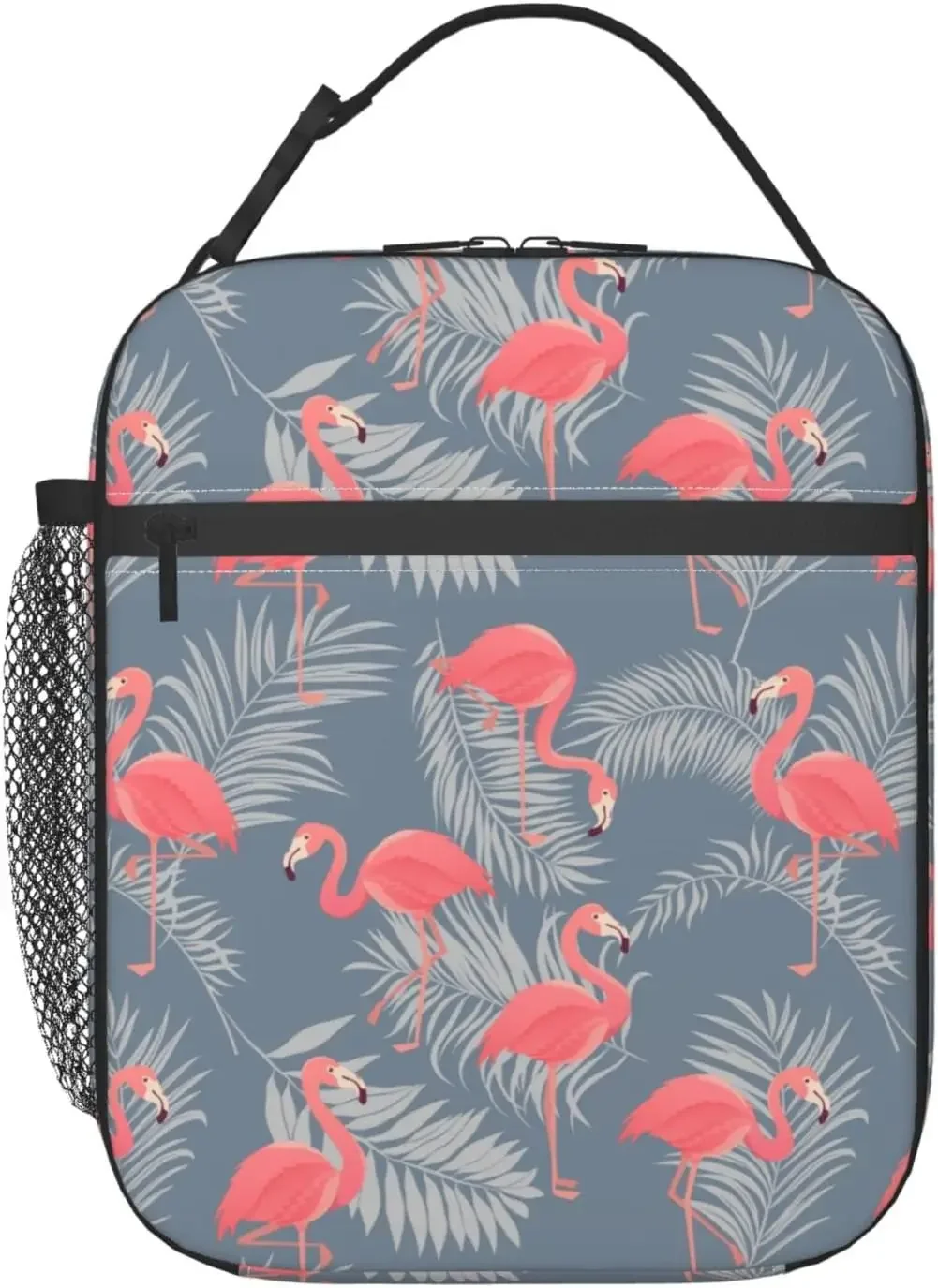 

Flamingo Bird Tropical Grey Leaf Insulated Lunch Bag Reusable Portable Meal Tote Bag for Office Work Travel Picnic