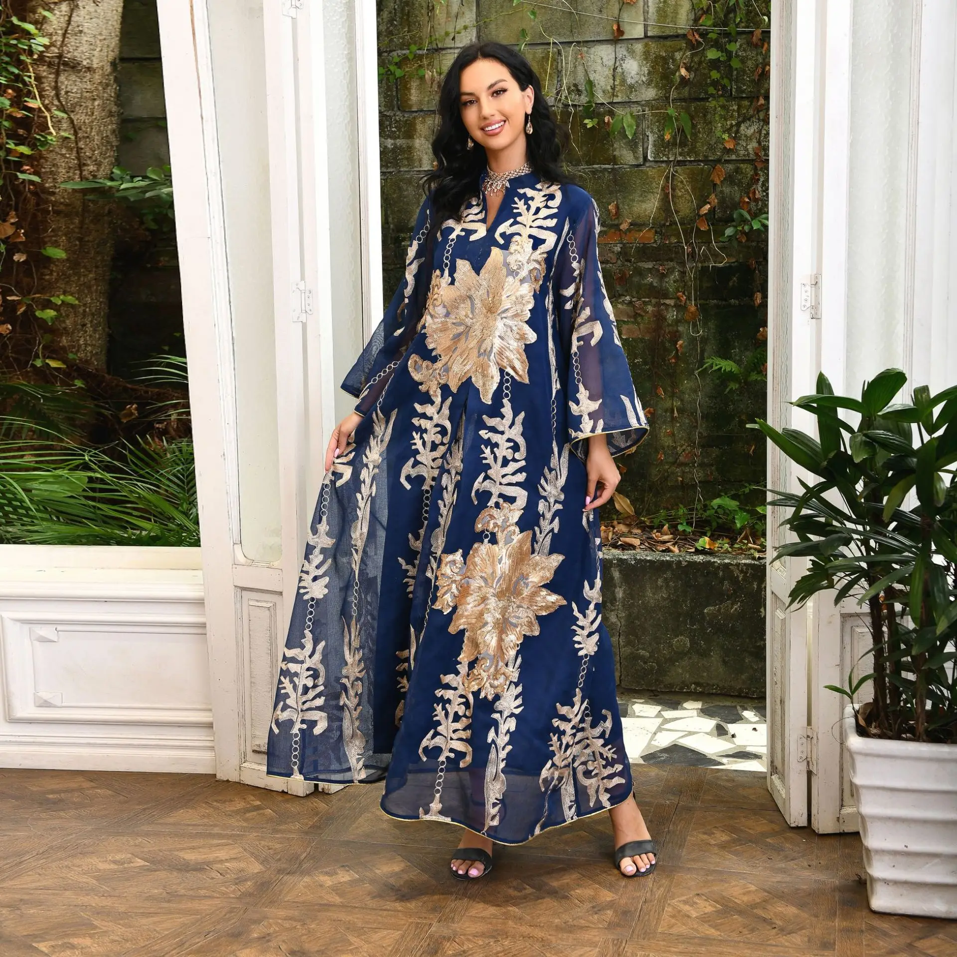 

Wepbel Ramadan Muslim Dress Summer Abaya Fashion Sequin Long Sleeve Maxi Muslim Dress Islamic Clothing Eid Party Abaya Caftan