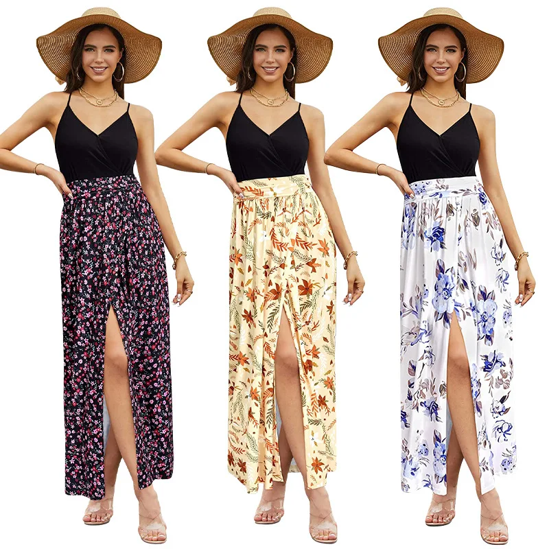 

Женское длинное платье с высоким разрезом, Пляжное Платье с подвесным поясом и модным принтом, лидер продаж, весна-лето