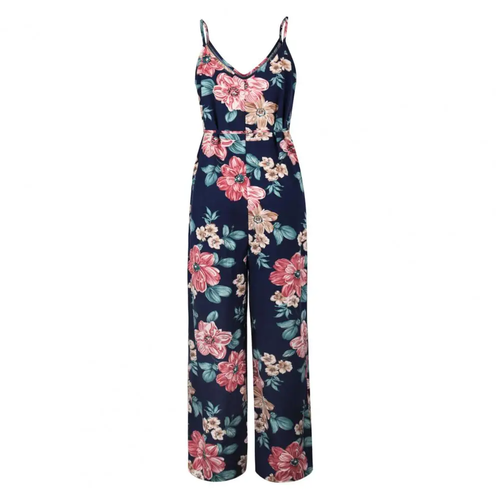 

Easy to Match Chic Wide Leg Flower Print Wide Leg Summer Jumpsuit Lace Up Jumpsuit Deep V Neck Female Clothing