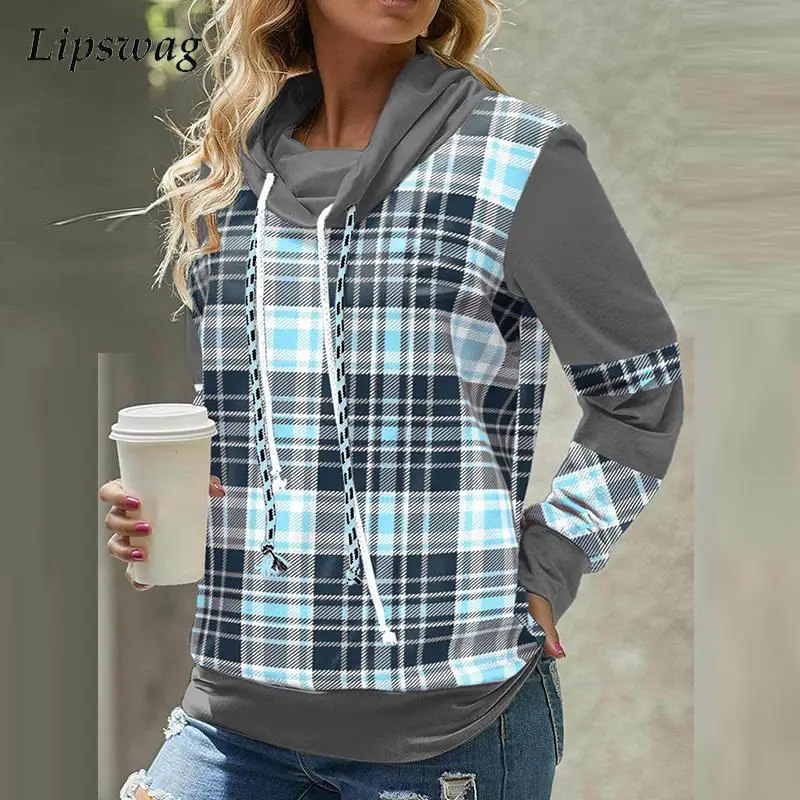 

Женский свитшот с длинным рукавом, Повседневный пуловер в клетку, с кулиской, в винтажном стиле, для офиса, осень