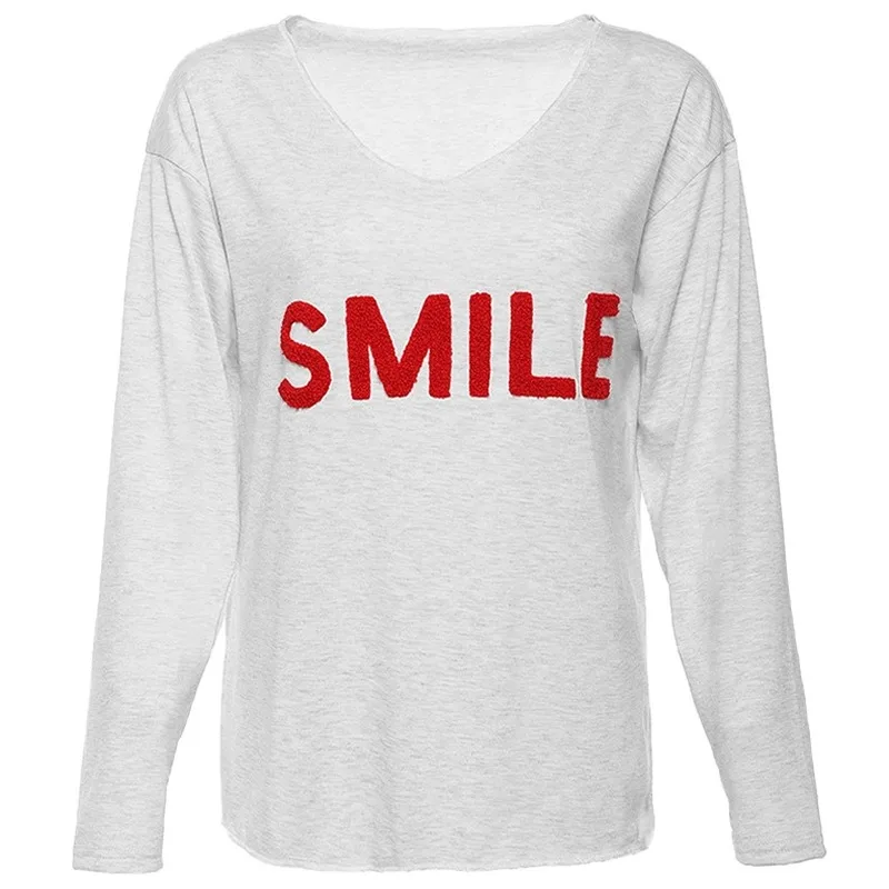 

Smile Letter Embroidered T Shirts Women Plus Size V Neck Long Sleeve Tops Vintage Loose Casual Tees Spring Autumn New Fashion