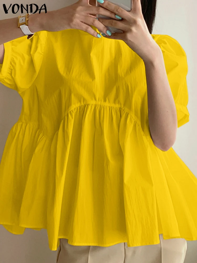 

VONDA Yellow Tops Women Pleated Short Sleeve O Neck Solid Color Blouses 2022 Summer Casual Baggy Ruffled Shirts Blusas Femininas