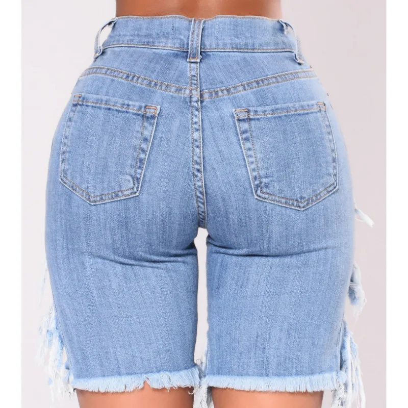 Women Denim Ripped Shorts High Waist Draped Destroyed Stretch Bodycon Pencil Slim Shorts Club Street Summer Sexy Holes Shorts