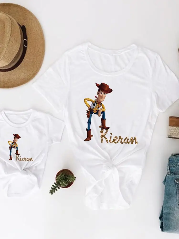 

T Shirts Summer Disney Popular White T-Shirts Children Family Women Toy Story Cartoon Letter Disney Brand Hu Di Graphic Comfy