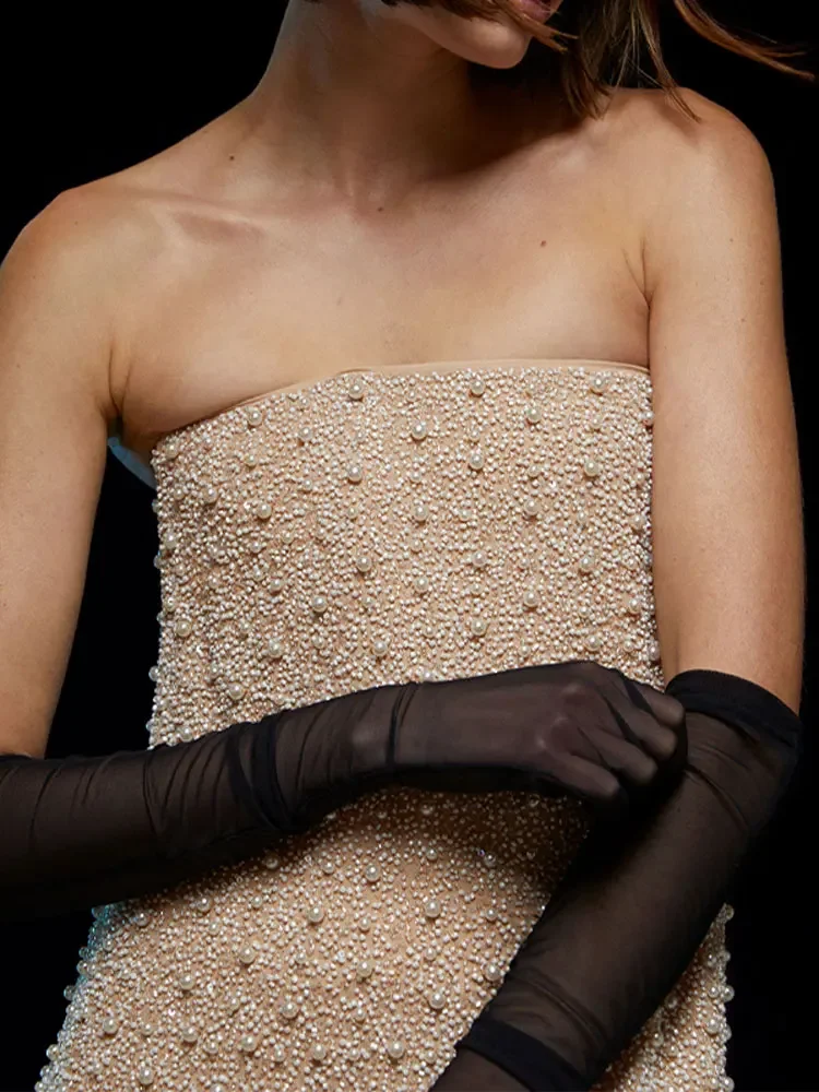 

Sexy Strapless Pearls Midi Dress For Women Fashion Slim Fit Off-shoulder Backless Robes Autumn Solid Club Party Evening Dresses