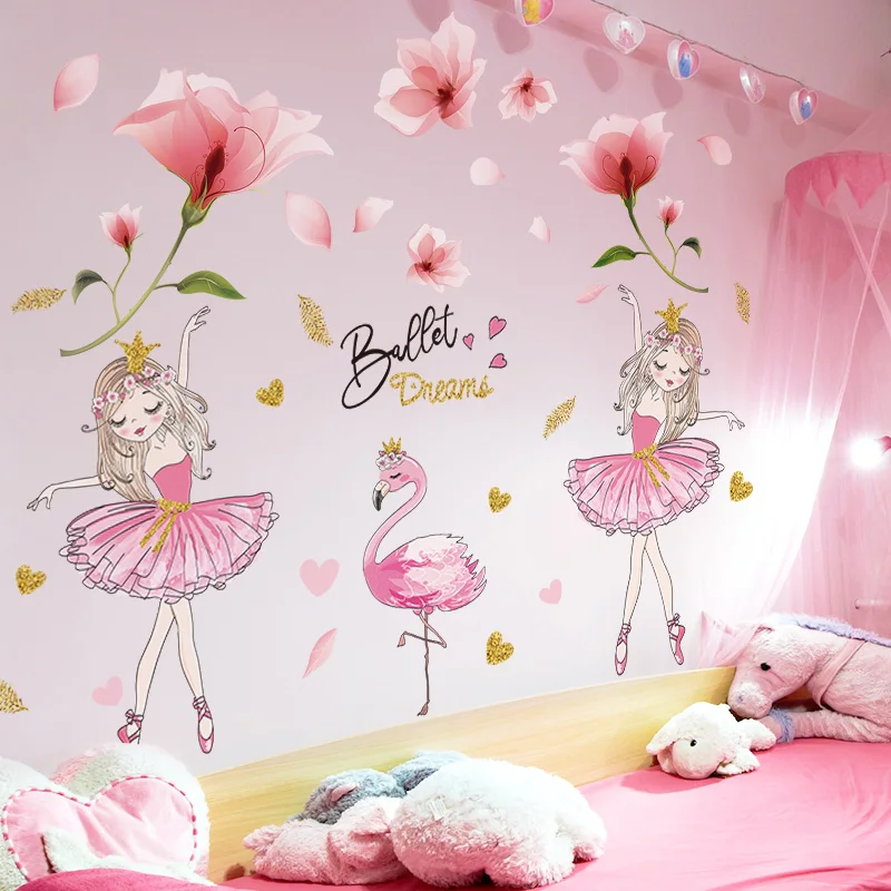 

[SHIJUEHEZI] Pink Flowers Plant Wall Stickers DIY Girl Flamingo Wall Decals for Kids Bedroom Baby Room Nursery Home Decoration