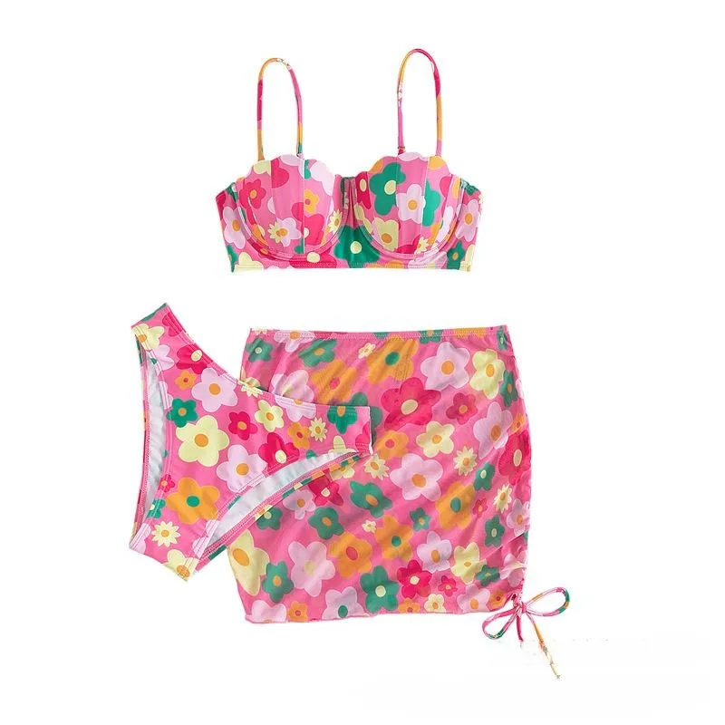 

Women's Summer Colorful Floral Print Underwire Bikinis 3 Pack Swimming Suits Polyester Push Up Swimwear With Short Swim Skirt