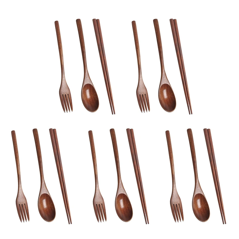 

5X Wooden Cutlery Set Portable Eco Friendly Reusable Flatware Utensils Set Spoon Fork Chopsticks For Camping Lunch