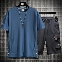 hong kong style mens pure cotton t shirt casual suit tide brand t shirt tooling pants two piece mens suit new summer