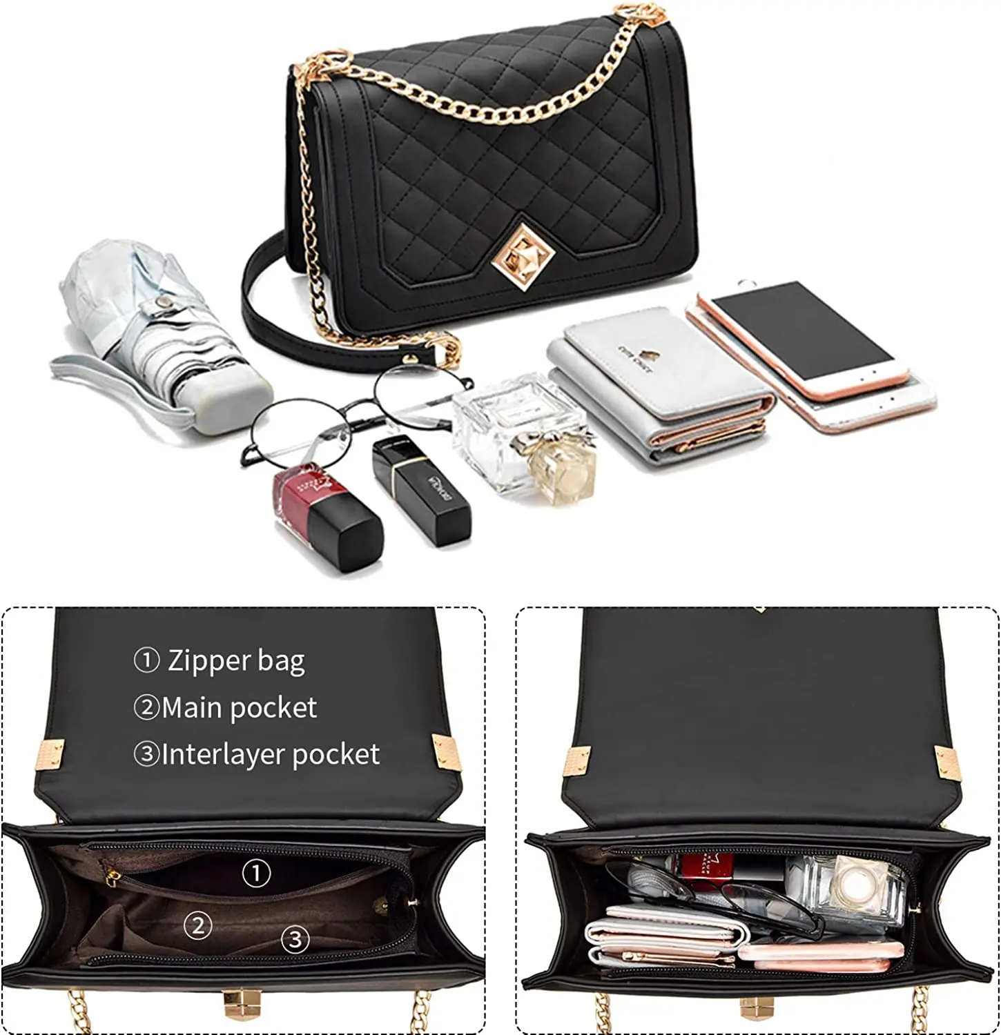 Crossbody Bags for Women Small Handbags PU Leather Shoulder Bag Ladies Purse Evening Bag Quilted Satchels with Chain Strap Gift