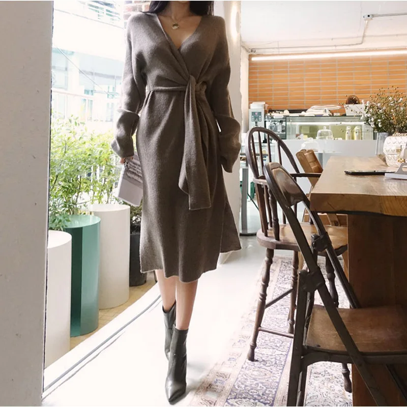 Long Sleeve Women Knitted Dress Autumn Winter Elegant Midi Dresses with Belt V Neck Knitwear Robe 2023 Ladies Clothes X878