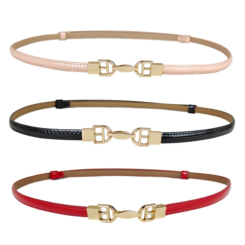 

Gold alloy buckle thin belt women's dress decorative patent leather small belt