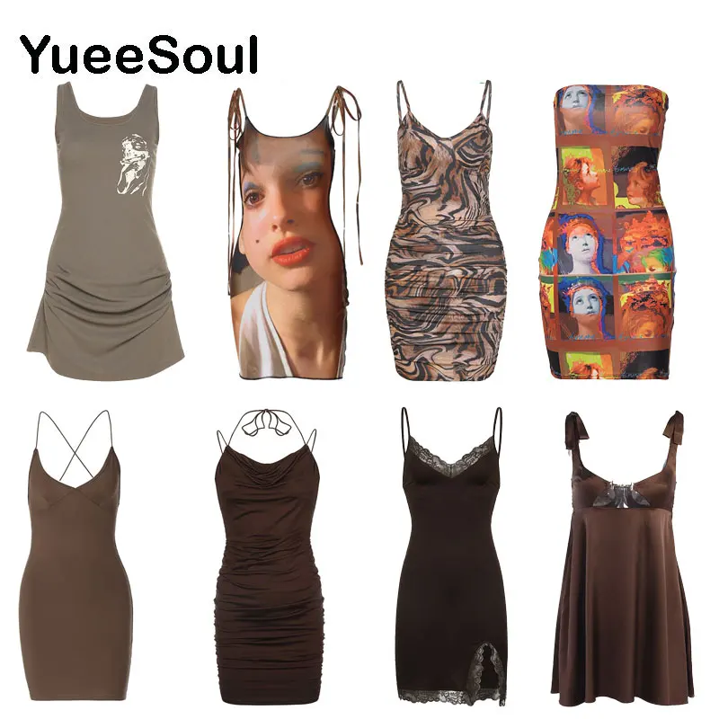 

Brown Mini Dress Y2K Vintage Sweet Daily High Street Sexy Summer Dresses Woman 2023 Elegant Women's Dresses for Party 2023