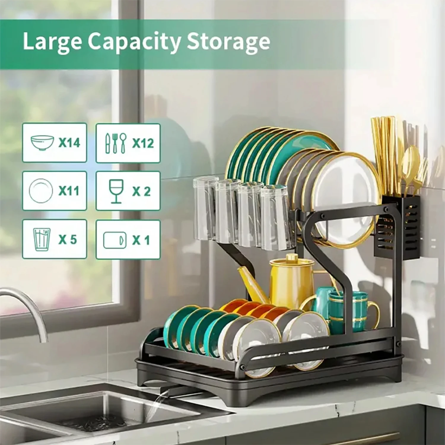 2-Tier Dish Rack with Drainboard Drying Utensil and Cup Holders - Dishes Knives Spoons
