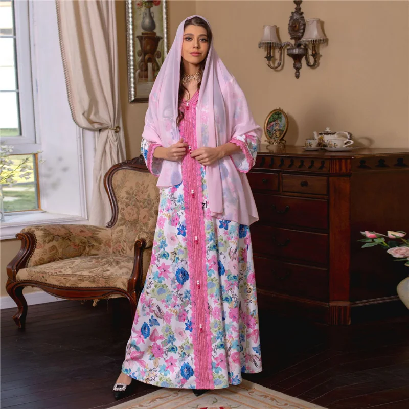 Elegant Jalabiya Floral Print Women Long Arabic Dress Moroccan Kaftan Dubai Abaya Evening Party Ball Gown Ramadan Muslim Robe