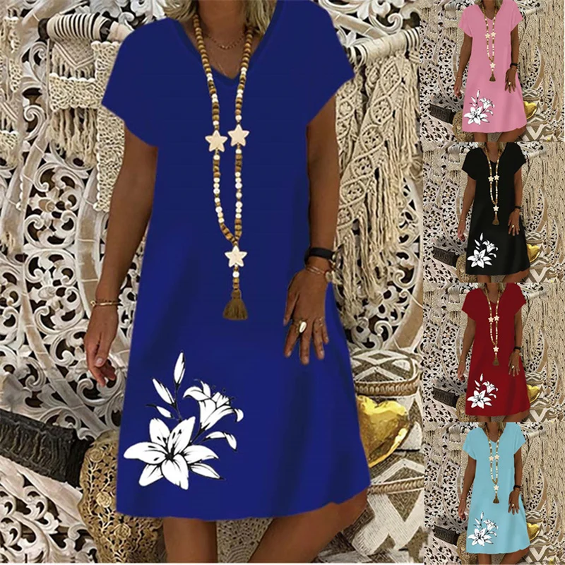 

2022 Summer New Women's Short-sleeved Lily Print Dress Casual Loose Large Size Shift Dress Ladies Mid-length Pullover Skirt