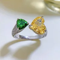 Fashion Ring 925 Sterling Silver High Carbon 8x10mm Yellow Green Heart Created Diamond Settings Ice Flower Cut Open Rings