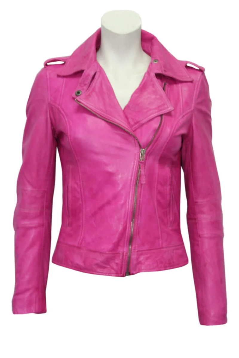 Women Lambskin Soft Leather jacket Ladies Biker coat  Pink