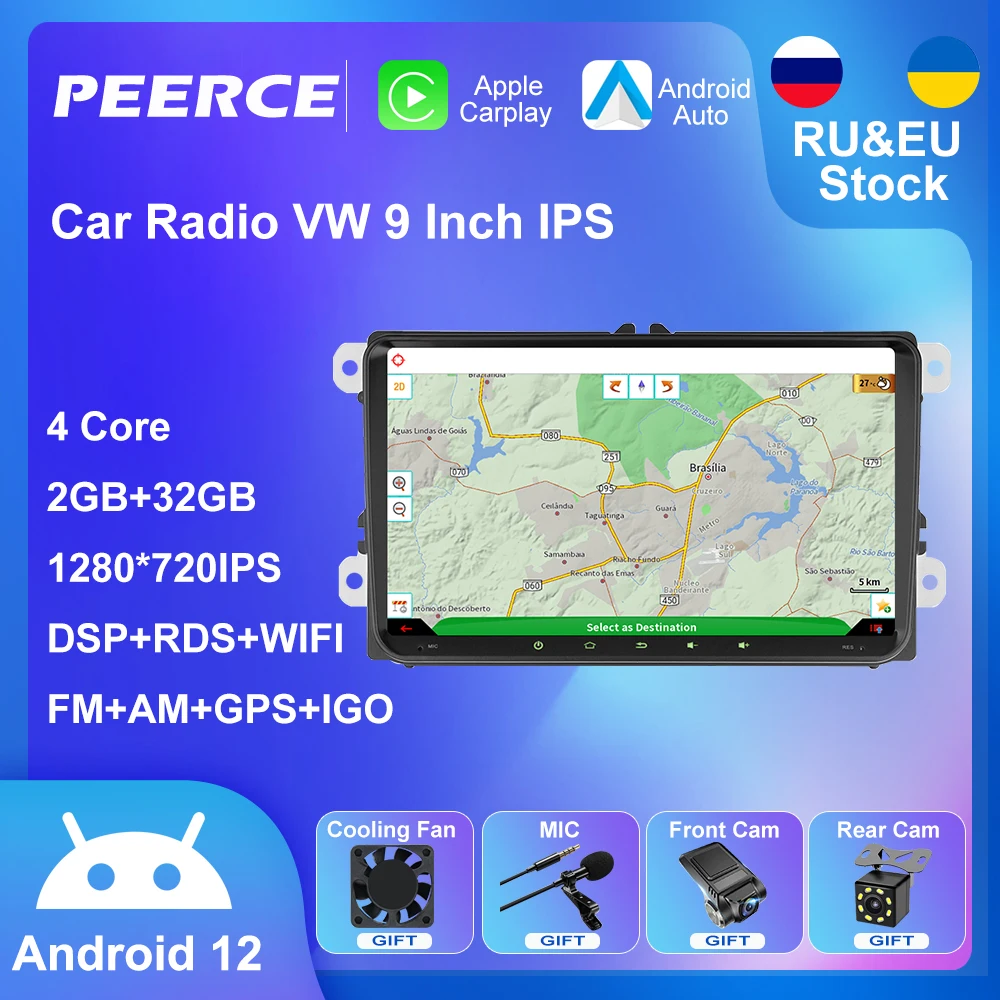 

PEERCE 2 Din Android 12 Car Radio 9" GPS WiFi Carplay For VW / Volkswagen Skoda Octavia golf 5 6 touran passat B6 polo Jetta