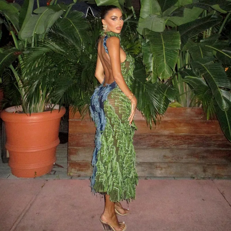 Женское Прозрачное платье с кисточками необычное длинное открытой спиной и