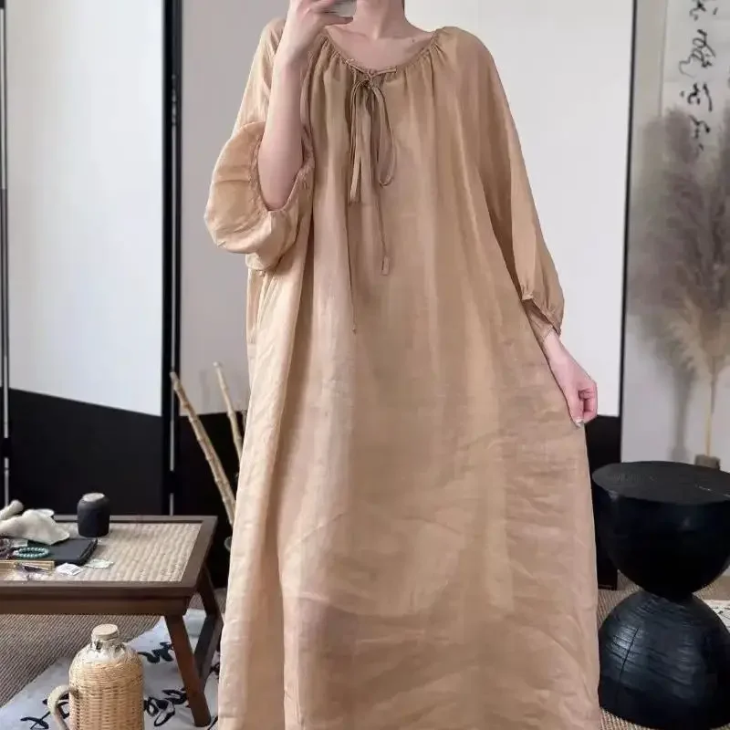 Платье-миди женское тонкое из хлопка и льна с круглым вырезом