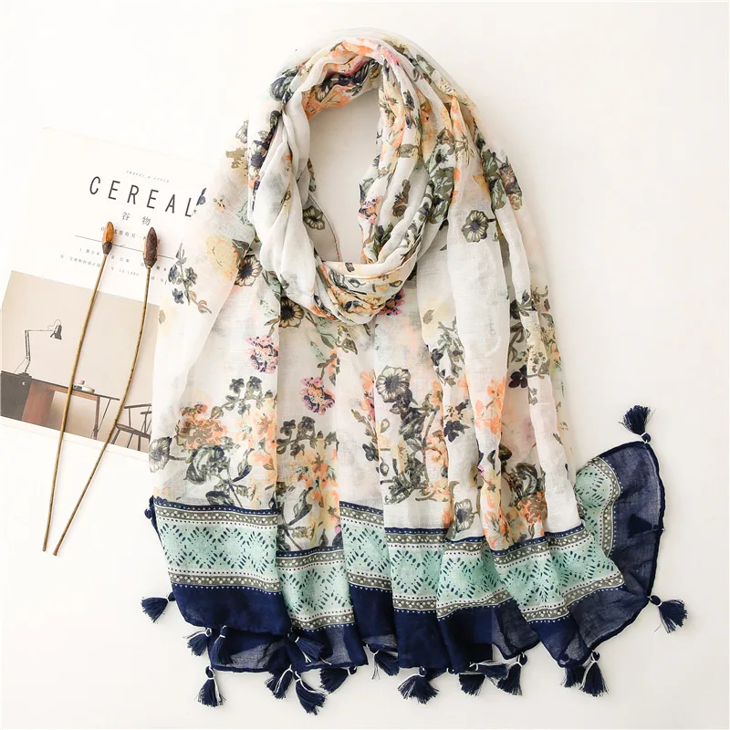 

90*180cm Fashion high-grade flowers Cotton and linen female Polyester scarf printing gift custom national wind shawl beach towel