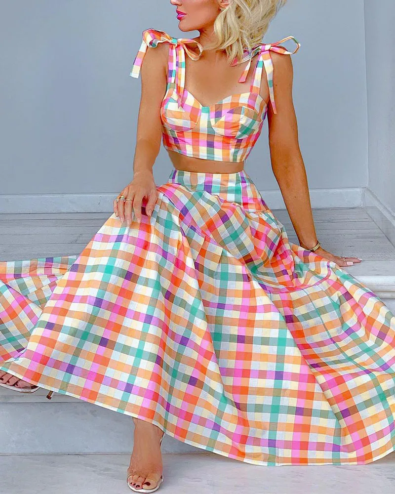 

Women Elegant Summer Plaid Skirt Set Outfits Fashion Y2K Strap V Neck Crop Top Shirt + High Waist Long Skirt Suit Set