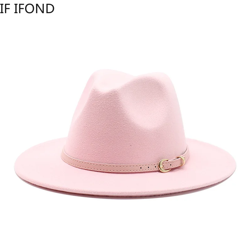 Sombrero de ala ancha ajustable para hombre y mujer, sombrero de fieltro de color rosa para vestido de boda, fiesta, Jazz, Trilby, Fedora