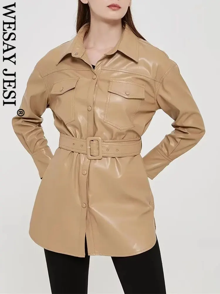 WESAY JESI Autumn Women's Pu Faux Leather Jacket Solid Vintage Button Belt Slim Coat Casual Fashion Female Fleece Warm Outerwear