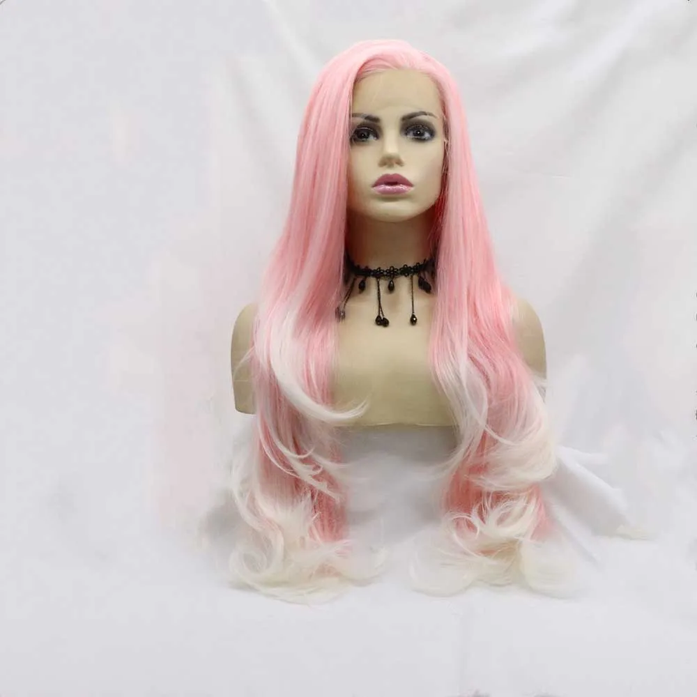 Sylvia Baby Pink Wig Synthetic Pink Lace Front Ombre Wavy Wigs Blonde Tips Heat Resistant Fiber Long Curly Wigs