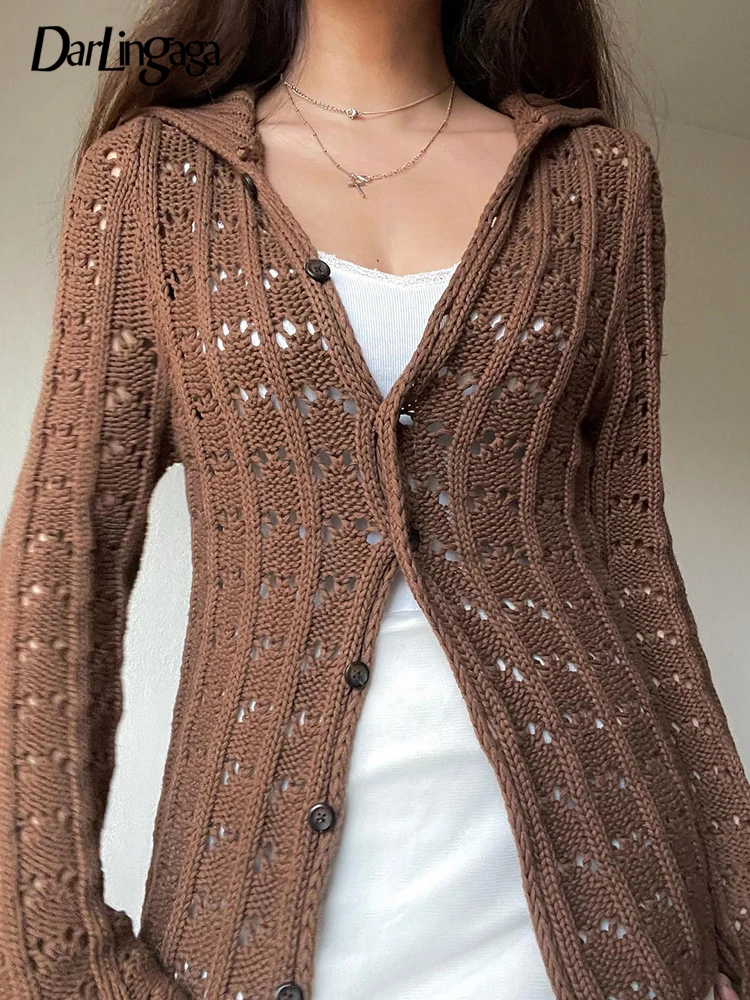

Darlingaga Y2K Retro Brown Knitted Crochet Women Cardigans Korean Autumn Sweater Coat Hollow Out 2000s Chic Buttons Outwear Chic