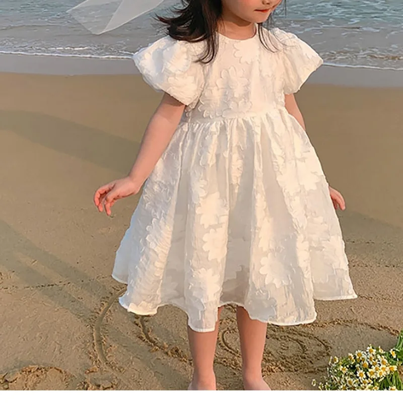 

2023 AncoBear Summer White Dress for Kids Girl Children Princess Appliques Daily Dresses Infants Elegant Beach Holiday Frocks
