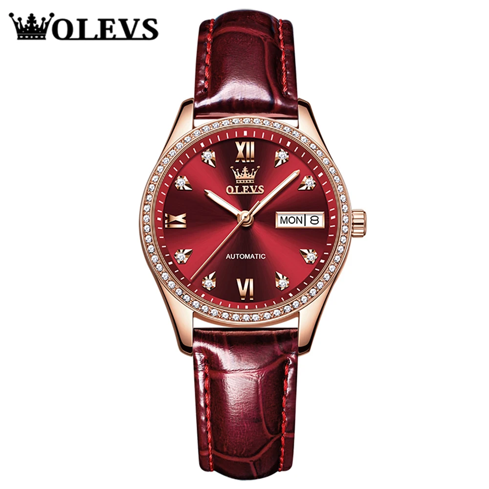

OLEVS Women Automatic Watch Female Watch Mechanical Fashion Luxury Brand Diamond Waterproof Ladies Watches Leather Strap Small