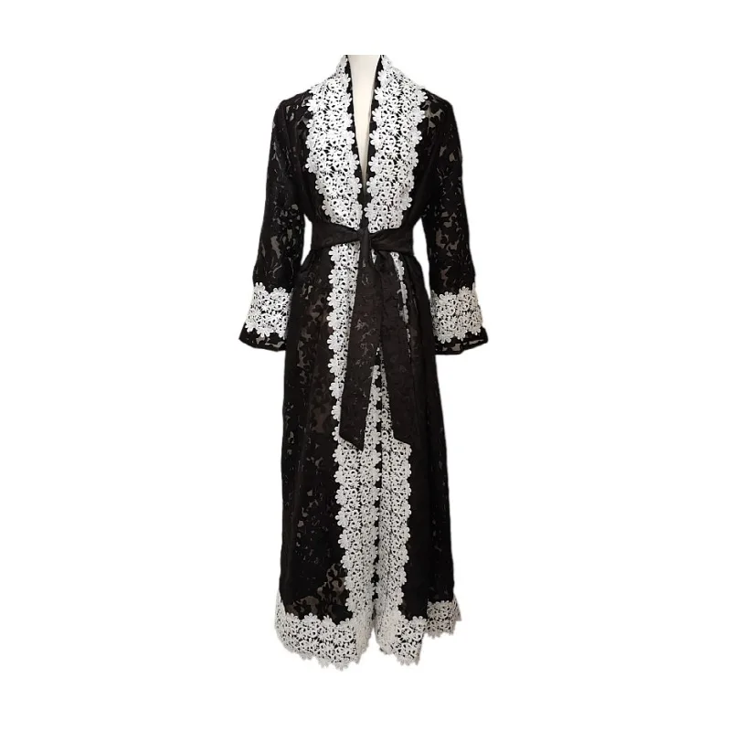 Middle East Muslim Lace Embroidered Coat Robe New Kimono Open Abayas For Women Black Long Dresses Turkey With Belt