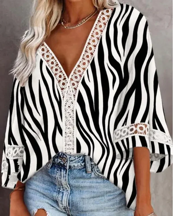 

Женский кружевной топ в полоску, свободная черная футболка с глубоким V-образным вырезом и принтом зебры, весна-лето 2022