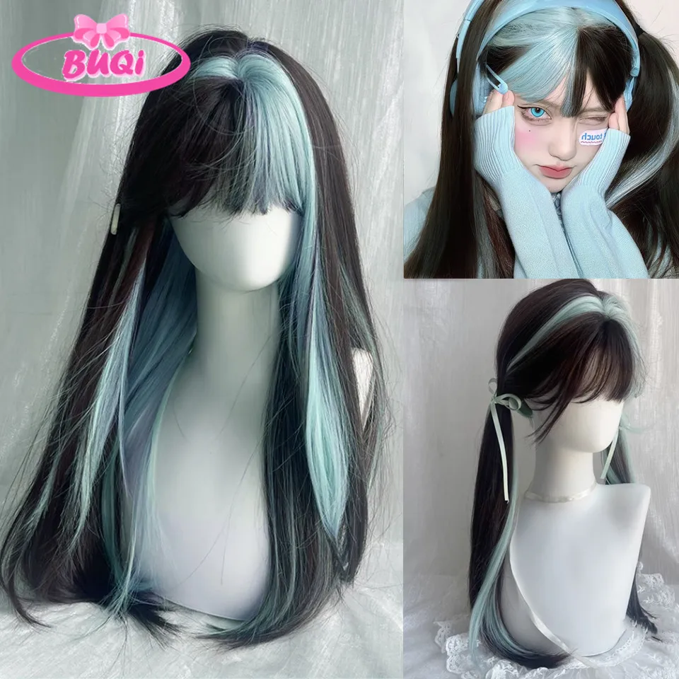 Синтетический женский парик BUQI с длинными прямыми волосами мятно-зеленого и