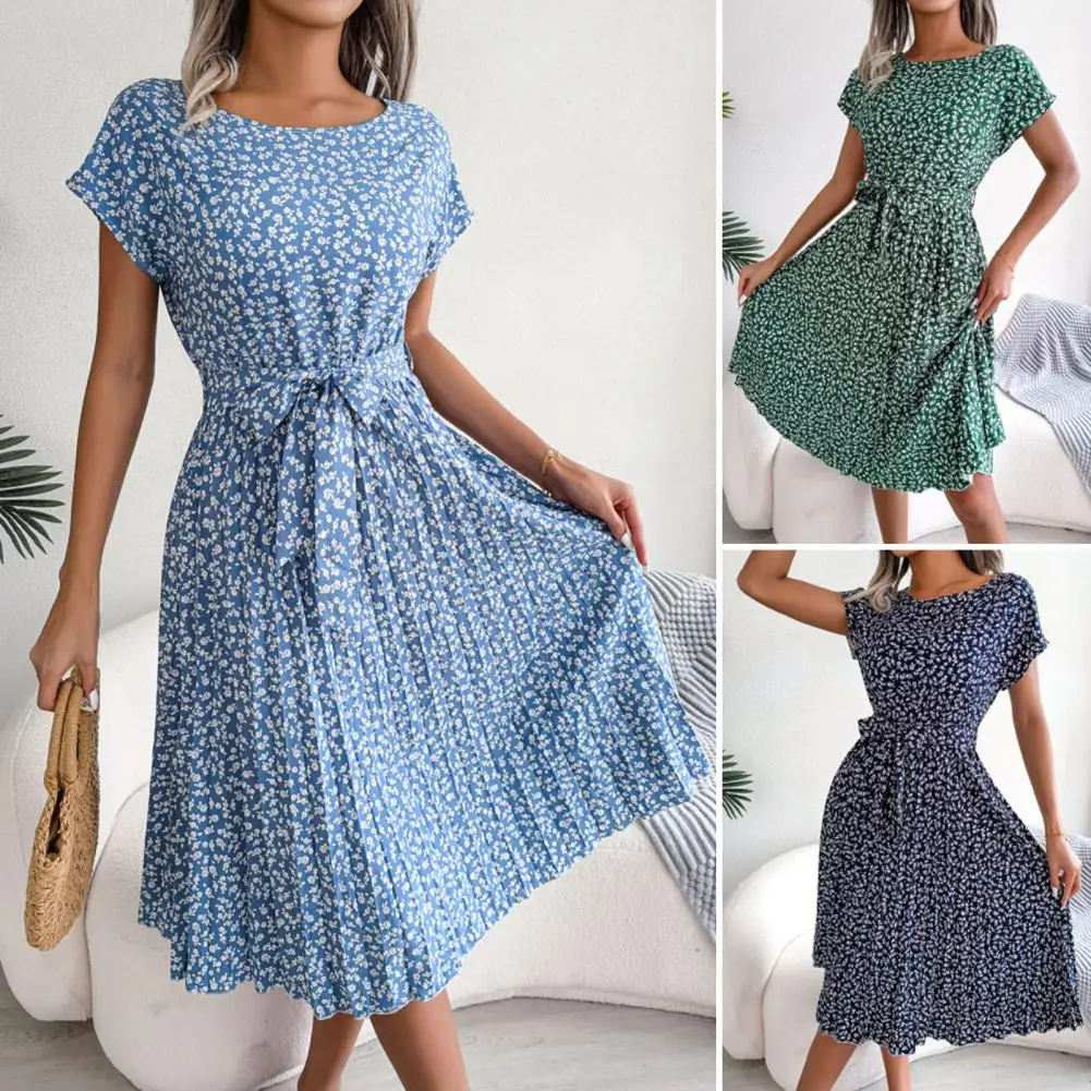 

Fashion Floral Pleated A Line Long Dress Women Spring Summer Short Sleeve High Waist Chic Dress