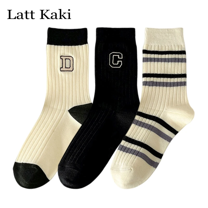 3 Pairs Per Lot Women Socks New Autumn Fashion Letter Embroidery Cotton Striped Socks Female Breathable Trend Cute Socks Casual