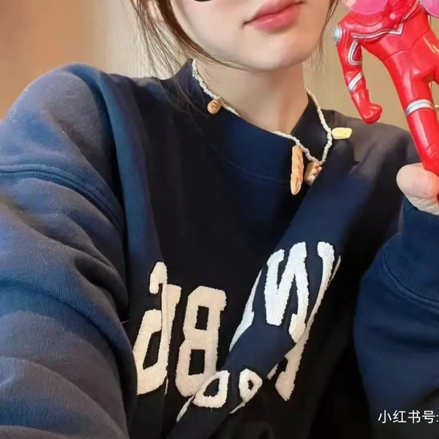 

Letters Embroidery Women's O-neck Cotton Sweatshirt Long Sleeve Female Loose Tops 2022 Early Spring new