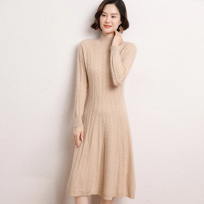 Tailor Sheep 100% Pure Cashmere Long Sweater Dress Women Sexy Knitted Dresses Female Fashion O-Neck Elastic Pullover